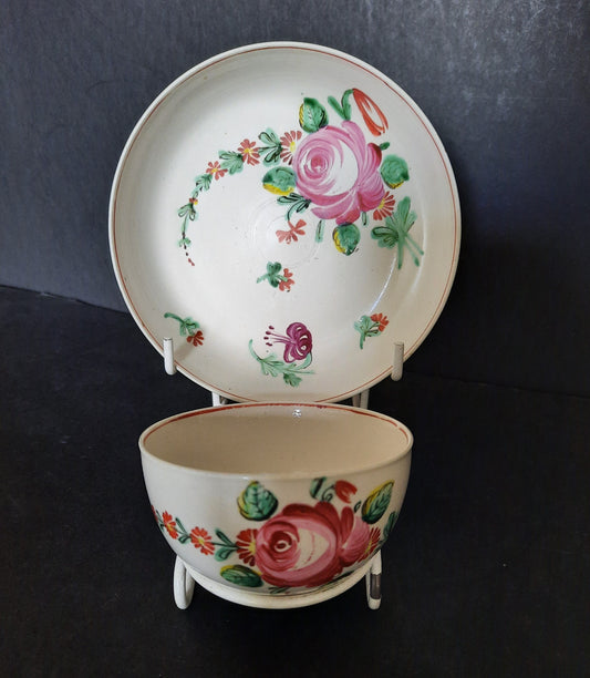 Antique White Salt Glaze Polychrome Rose Tea Bowl & Saucer C1760